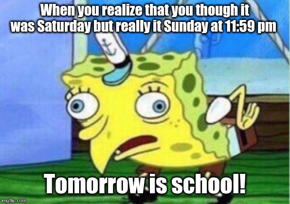 Mocking Spongebob Meme |  When you realize that you though it was Saturday but really it Sunday at 11:59 pm; Tomorrow is school! | image tagged in memes,mocking spongebob | made w/ Imgflip meme maker