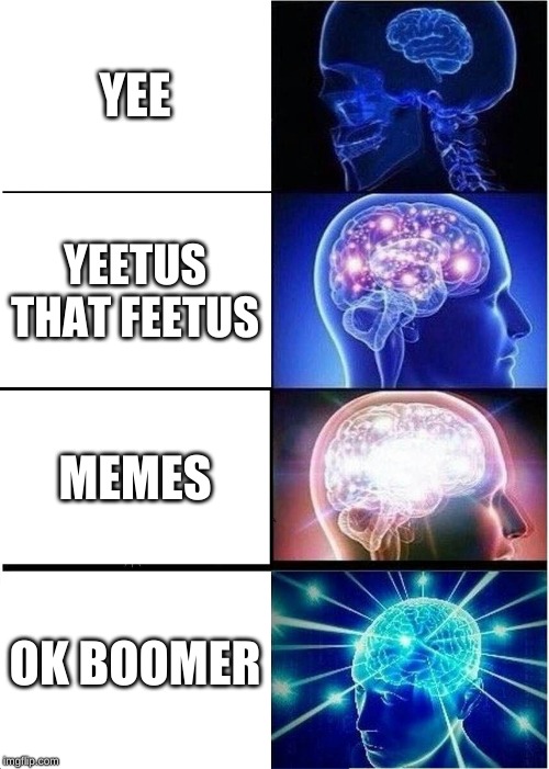 Expanding Brain | YEE; YEETUS THAT FEETUS; MEMES; OK BOOMER | image tagged in memes,expanding brain | made w/ Imgflip meme maker