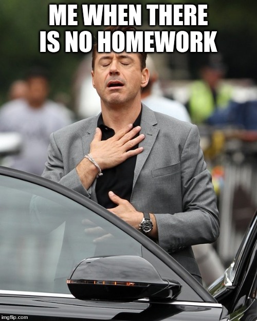 Relief | ME WHEN THERE IS NO HOMEWORK | image tagged in relief | made w/ Imgflip meme maker