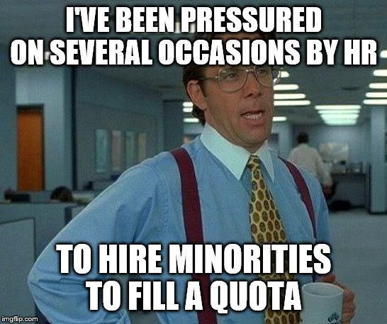 That Would Be Great Meme | I'VE BEEN PRESSURED ON SEVERAL OCCASIONS BY HR TO HIRE MINORITIES TO FILL A QUOTA | image tagged in memes,that would be great | made w/ Imgflip meme maker