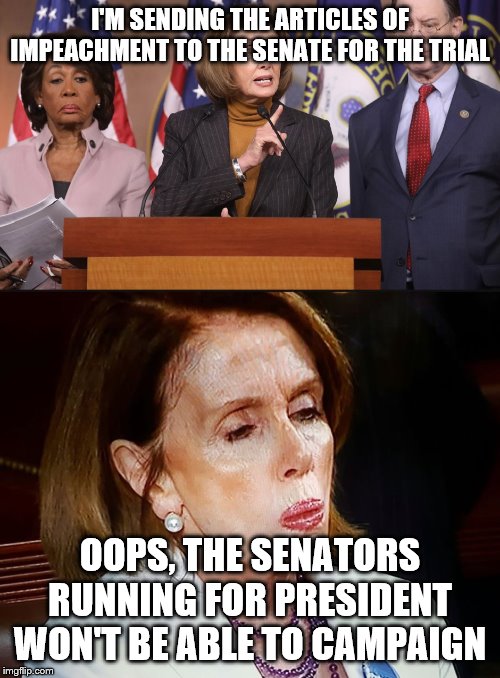 I'M SENDING THE ARTICLES OF IMPEACHMENT TO THE SENATE FOR THE TRIAL; OOPS, THE SENATORS RUNNING FOR PRESIDENT WON'T BE ABLE TO CAMPAIGN | image tagged in nancy pelosi pb sandwich,pelosi explains | made w/ Imgflip meme maker