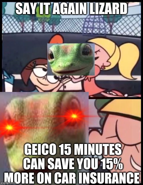 LIZARD | SAY IT AGAIN LIZARD; GEICO 15 MINUTES CAN SAVE YOU 15% MORE ON CAR INSURANCE | image tagged in funny,funny picture | made w/ Imgflip meme maker
