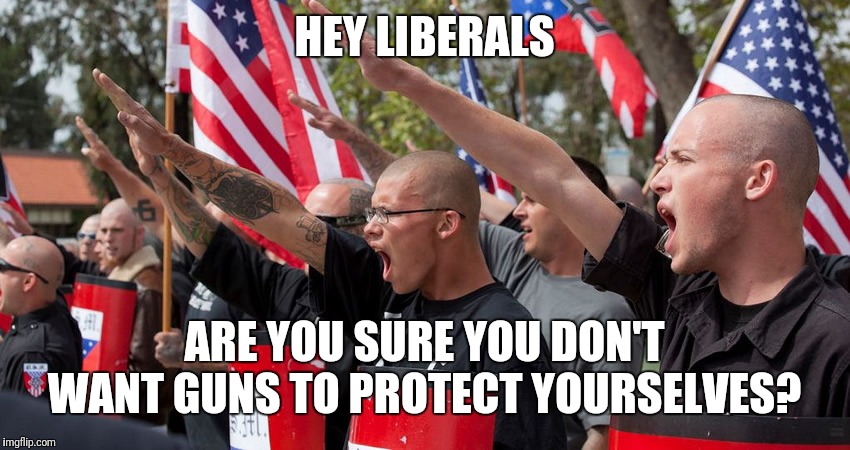 Neo Nazis | HEY LIBERALS; ARE YOU SURE YOU DON'T WANT GUNS TO PROTECT YOURSELVES? | image tagged in neo nazis | made w/ Imgflip meme maker