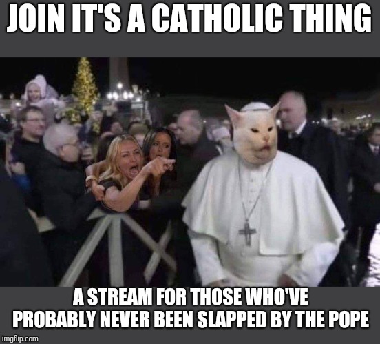 If you love the Church, don't understand it, used to be Catholic, wanna be, or wouldn't touch it with a ten foot Cross. Follow! | JOIN IT'S A CATHOLIC THING; A STREAM FOR THOSE WHO'VE PROBABLY NEVER BEEN SLAPPED BY THE POPE | image tagged in catholic,stream,join me | made w/ Imgflip meme maker