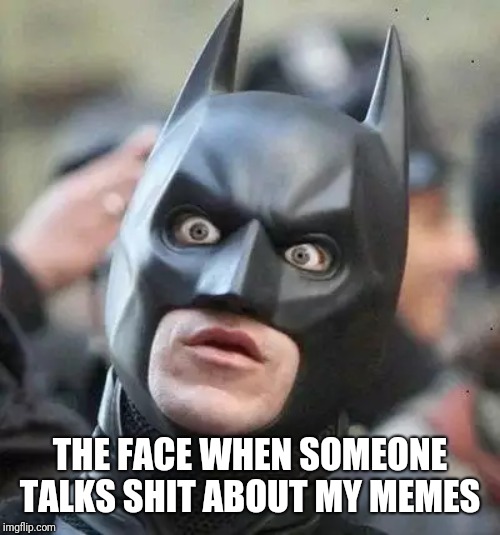 Shocked Batman | THE FACE WHEN SOMEONE TALKS SHIT ABOUT MY MEMES | image tagged in shocked batman | made w/ Imgflip meme maker