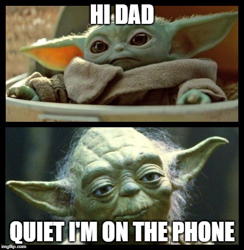baby yoda | HI DAD; QUIET I'M ON THE PHONE | image tagged in baby yoda | made w/ Imgflip meme maker