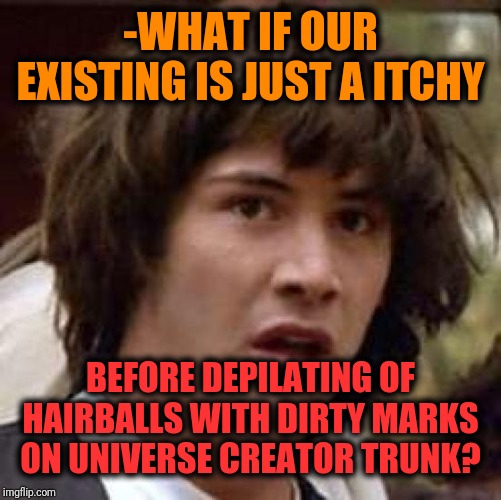 -Pretend to stop Earth shaking. | -WHAT IF OUR EXISTING IS JUST A ITCHY; BEFORE DEPILATING OF HAIRBALLS WITH DIRTY MARKS ON UNIVERSE CREATOR TRUNK? | image tagged in memes,conspiracy keanu,what if,conspiracy theory,heaviest objects in the universe,english only | made w/ Imgflip meme maker