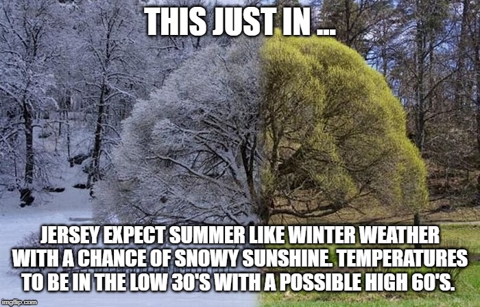 Jersey weather | THIS JUST IN ... JERSEY EXPECT SUMMER LIKE WINTER WEATHER WITH A CHANCE OF SNOWY SUNSHINE. TEMPERATURES TO BE IN THE LOW 30'S WITH A POSSIBLE HIGH 60'S. | image tagged in lisa payne,new jersey memory page,dave griswold,u r home realty | made w/ Imgflip meme maker
