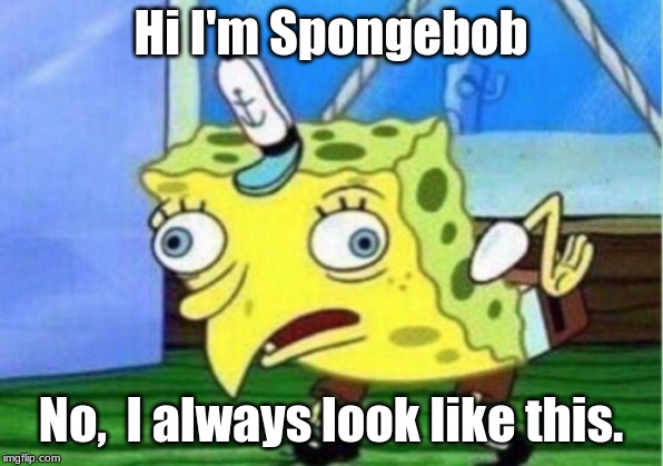 Mocking Spongebob | Hi I'm Spongebob; No,  I always look like this. | image tagged in memes,mocking spongebob | made w/ Imgflip meme maker