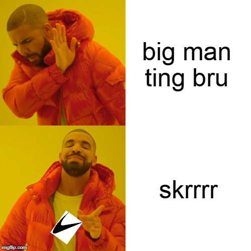 Drake Hotline Bling | big man ting bru; skrrrr | image tagged in memes,drake hotline bling | made w/ Imgflip meme maker