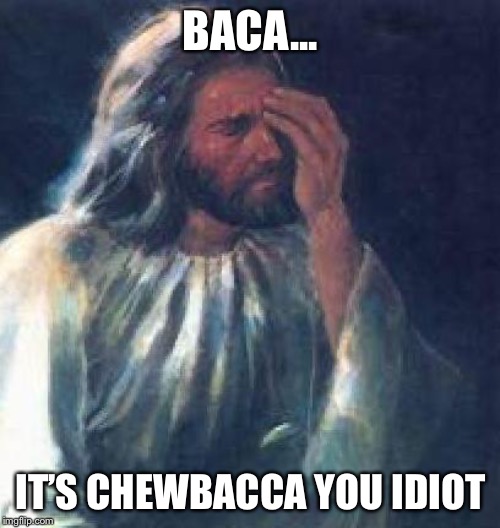 jesus facepalm | BACA... IT’S CHEWBACCA YOU IDIOT | image tagged in jesus facepalm | made w/ Imgflip meme maker
