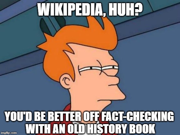 Just to be on the safe side... | WIKIPEDIA, HUH? YOU'D BE BETTER OFF FACT-CHECKING 
WITH AN OLD HISTORY BOOK | image tagged in memes,futurama fry | made w/ Imgflip meme maker