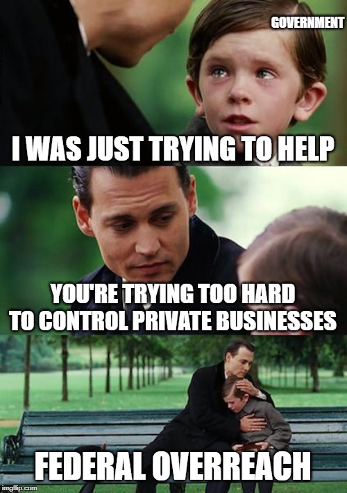 Finding Neverland Meme | GOVERNMENT; I WAS JUST TRYING TO HELP; YOU'RE TRYING TOO HARD TO CONTROL PRIVATE BUSINESSES; FEDERAL OVERREACH | image tagged in memes,finding neverland | made w/ Imgflip meme maker
