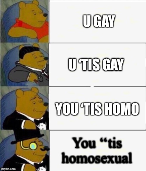 Tuxedo Winnie the Pooh 4 panel | U GAY; U ‘TIS GAY; YOU ‘TIS HOMO; You ‘‘tis homosexual | image tagged in tuxedo winnie the pooh 4 panel | made w/ Imgflip meme maker