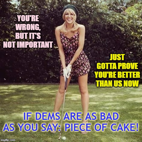 After all the Democratic injustices: How hard could it be for the GOP to handle the impeachment proceedings in a fair way? | YOU'RE WRONG, BUT IT'S NOT IMPORTANT; JUST GOTTA PROVE YOU'RE BETTER THAN US NOW; IF DEMS ARE AS BAD AS YOU SAY: PIECE OF CAKE! | image tagged in kylie golf,trump impeachment,impeachment,mitch mcconnell,adam schiff,nancy pelosi | made w/ Imgflip meme maker