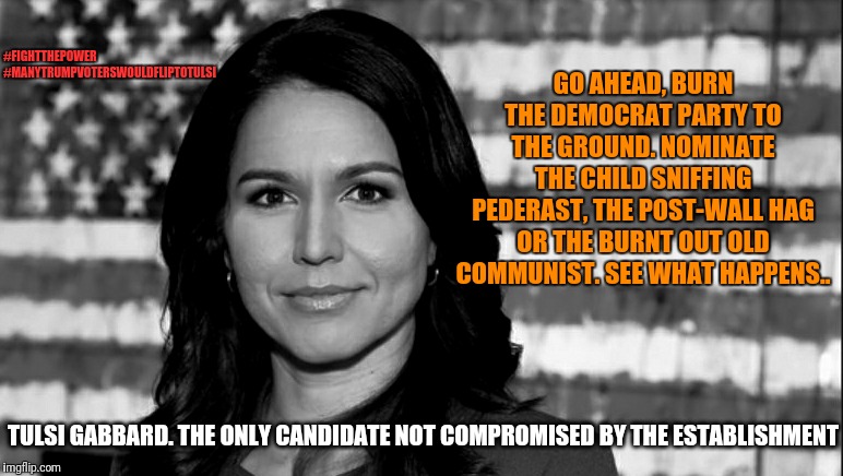 TRIGGERED! | #FIGHTTHEPOWER
#MANYTRUMPVOTERSWOULDFLIPTOTULSI; GO AHEAD, BURN THE DEMOCRAT PARTY TO THE GROUND. NOMINATE THE CHILD SNIFFING PEDERAST, THE POST-WALL HAG OR THE BURNT OUT OLD COMMUNIST. SEE WHAT HAPPENS.. TULSI GABBARD. THE ONLY CANDIDATE NOT COMPROMISED BY THE ESTABLISHMENT | image tagged in tulsi gabbard,memes,political meme,politics,election 2020,funny memes | made w/ Imgflip meme maker