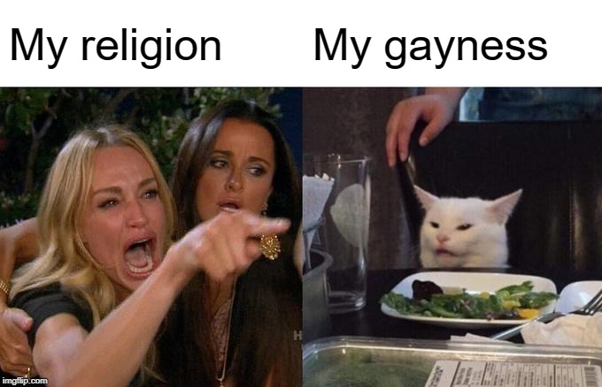 Woman Yelling At Cat Meme | My religion; My gayness | image tagged in memes,woman yelling at cat | made w/ Imgflip meme maker