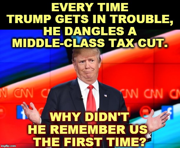 This is a dangle for the suckers from the Con Man-in-Chief. Wise up. He doesn't mean it. It'll never happen. | EVERY TIME TRUMP GETS IN TROUBLE, HE DANGLES A MIDDLE-CLASS TAX CUT. WHY DIDN'T HE REMEMBER US 
THE FIRST TIME? | image tagged in donald trump confused,trump,middle class,tax cut,lies | made w/ Imgflip meme maker