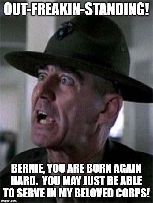 R lee ermy mad | OUT-FREAKIN-STANDING! BERNIE, YOU ARE BORN AGAIN HARD.  YOU MAY JUST BE ABLE TO SERVE IN MY BELOVED CORPS! | image tagged in r lee ermy mad | made w/ Imgflip meme maker
