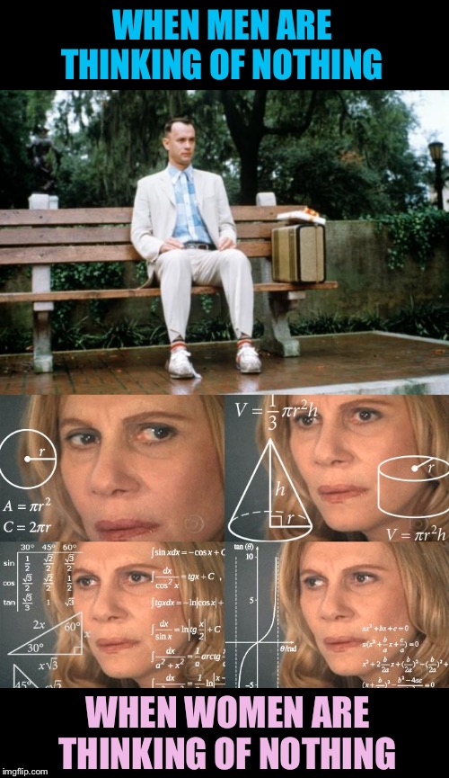 They just can’t do it | WHEN MEN ARE THINKING OF NOTHING; WHEN WOMEN ARE THINKING OF NOTHING | image tagged in forrest gump,calculating meme,men vs women,thinking,nothing,funny because it's true | made w/ Imgflip meme maker