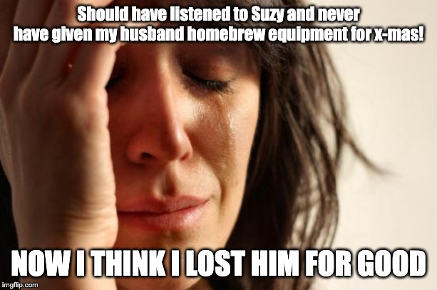 First World Problems | Should have listened to Suzy and never have given my husband homebrew equipment for x-mas! NOW I THINK I LOST HIM FOR GOOD | image tagged in memes,first world problems | made w/ Imgflip meme maker