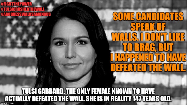 The Wall falls before Tulsi | #FIGHTTHEPOWER
#TULSICRUSHEDTHEWALL
#AGODDESSWALKSAMONGUS; SOME CANDIDATES SPEAK OF WALLS. I DON'T LIKE TO BRAG, BUT I HAPPENED TO HAVE DEFEATED THE WALL. TULSI GABBARD. THE ONLY FEMALE KNOWN TO HAVE ACTUALLY DEFEATED THE WALL. SHE IS IN REALITY 147 YEARS OLD. | image tagged in tulsi gabbard,the wall,memes,funny memes,mgtow,election 2020 | made w/ Imgflip meme maker