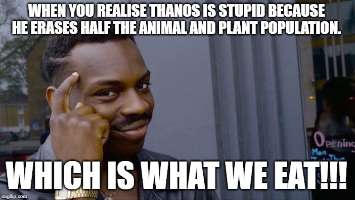 Roll Safe Think About It | WHEN YOU REALISE THANOS IS STUPID BECAUSE HE ERASES HALF THE ANIMAL AND PLANT POPULATION. WHICH IS WHAT WE EAT!!! | image tagged in memes,roll safe think about it | made w/ Imgflip meme maker