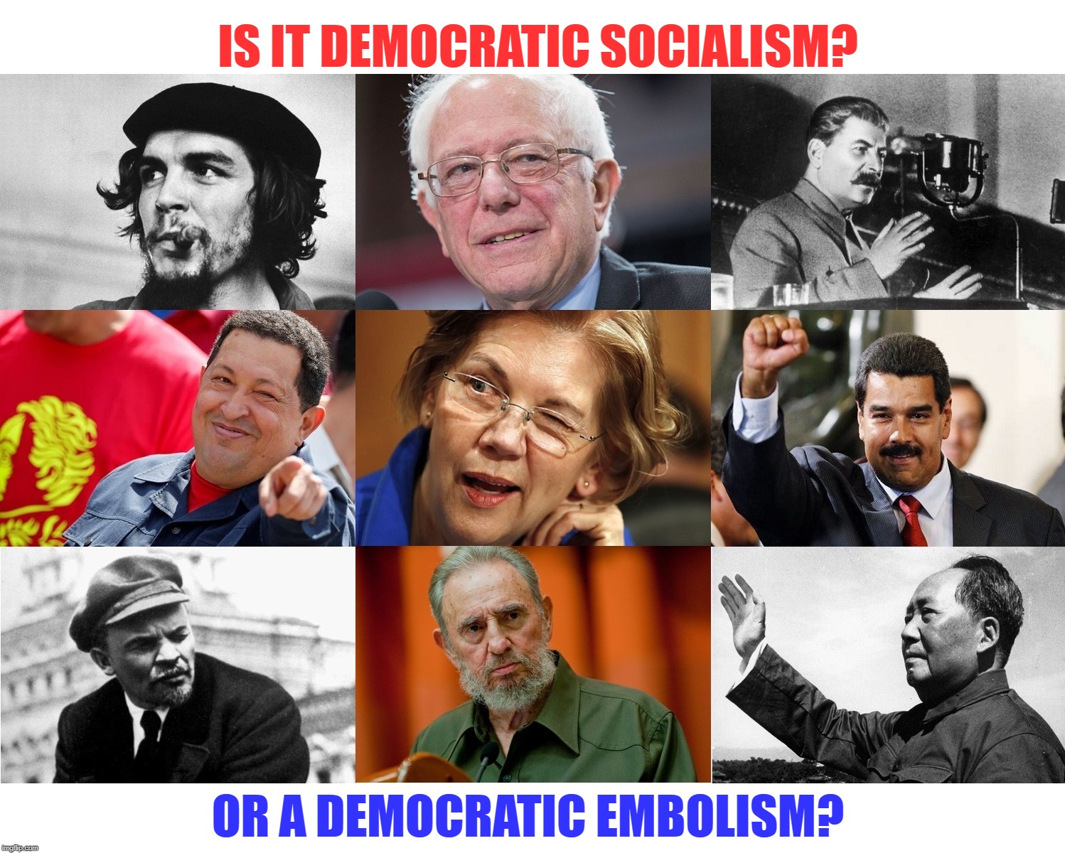All are cut from the same cloth. | IS IT DEMOCRATIC SOCIALISM? OR A DEMOCRATIC EMBOLISM? | image tagged in bernie sanders socialist,elizabeth warren socialist,socialism is a death sentence,they think we're all rich,orange man bad,trump | made w/ Imgflip meme maker