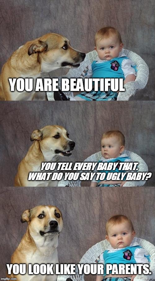 Dad Joke Dog | YOU ARE BEAUTIFUL; YOU TELL EVERY BABY THAT. WHAT DO YOU SAY TO UGLY BABY? YOU LOOK LIKE YOUR PARENTS. | image tagged in memes,dad joke dog | made w/ Imgflip meme maker