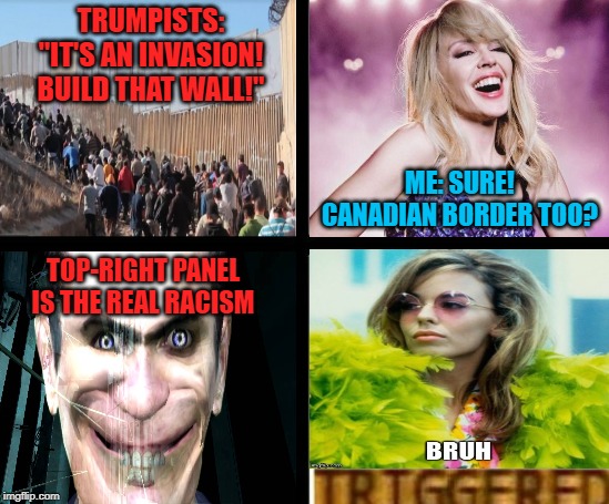 Self-explanatory | TRUMPISTS: "IT'S AN INVASION! BUILD THAT WALL!"; ME: SURE! CANADIAN BORDER TOO? TOP-RIGHT PANEL IS THE REAL RACISM | image tagged in triggered template,imgflip users,imgflip trolls,racism,border wall,build that wall | made w/ Imgflip meme maker
