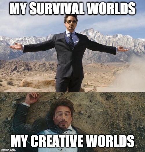 Before After Tony Stark | MY SURVIVAL WORLDS; MY CREATIVE WORLDS | image tagged in before after tony stark | made w/ Imgflip meme maker
