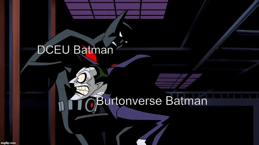 Joker Gets Kneed in the Gut | DCEU Batman; Burtonverse Batman | image tagged in joker gets kneed in the gut | made w/ Imgflip meme maker
