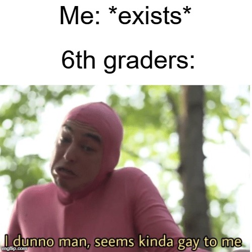 exist | Me: *exists*; 6th graders: | image tagged in i dunno man seems kinda gay to me,gay,funny,memes,middle school | made w/ Imgflip meme maker
