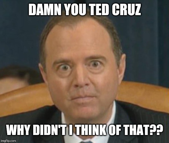 Crazy Adam Schiff | DAMN YOU TED CRUZ WHY DIDN'T I THINK OF THAT?? | image tagged in crazy adam schiff | made w/ Imgflip meme maker