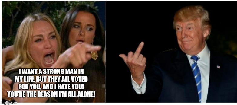 The lamentation of single, Democrat women | I WANT A STRONG MAN IN MY LIFE, BUT THEY ALL VOTED FOR YOU, AND I HATE YOU! YOU'RE THE REASON I'M ALL ALONE! | image tagged in woman yelling at trump,triggered feminist,woman yelling at cat,memes,mgtow,funny | made w/ Imgflip meme maker