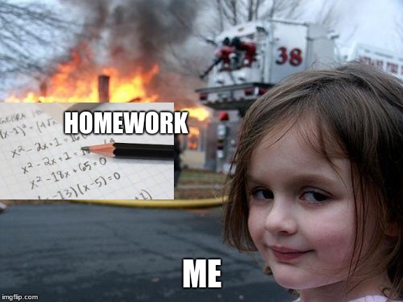 Disaster Girl | HOMEWORK; ME | image tagged in memes,disaster girl | made w/ Imgflip meme maker