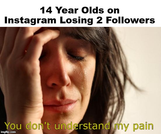 You Can't See True Pain in People
sHe's brOKen | 14 Year Olds on Instagram Losing 2 Followers; You don't understand my pain | image tagged in memes,first world problems,depression,instagram,14 year olds | made w/ Imgflip meme maker