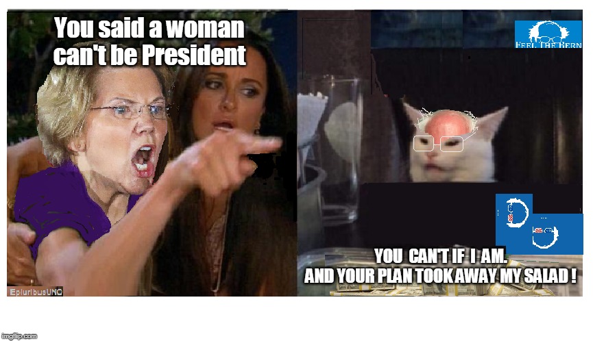 Poking the Bern | You said a woman can't be President; YOU  CAN'T IF  I  AM.
AND YOUR PLAN TOOK AWAY MY SALAD ! | image tagged in politics lol,bernie sanders,pocahontas | made w/ Imgflip meme maker