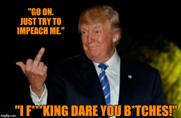 "Impeach this" | "GO ON. JUST TRY TO IMPEACH ME."; "I F***KING DARE YOU B*TCHES!" | image tagged in trump gives the bird,memes,political meme,impeachment,funny memes,funny | made w/ Imgflip meme maker