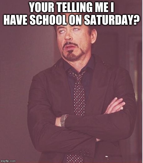 Face You Make Robert Downey Jr Meme | YOUR TELLING ME I HAVE SCHOOL ON SATURDAY? | image tagged in memes,face you make robert downey jr | made w/ Imgflip meme maker