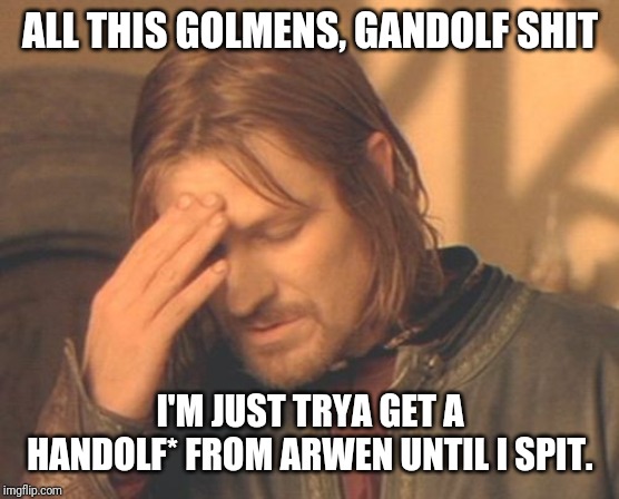 Frustrated Boromir Meme | ALL THIS GOLMENS, GANDOLF SHIT; I'M JUST TRYA GET A HANDOLF* FROM ARWEN UNTIL I SPIT. | image tagged in memes,frustrated boromir | made w/ Imgflip meme maker