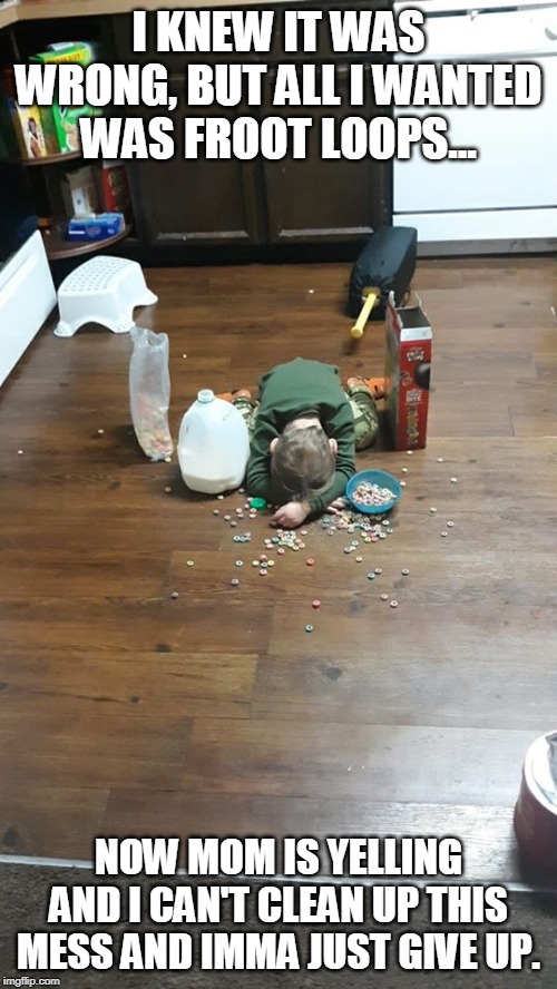 I KNEW IT WAS WRONG, BUT ALL I WANTED WAS FROOT LOOPS... NOW MOM IS YELLING AND I CAN'T CLEAN UP THIS MESS AND IMMA JUST GIVE UP. | image tagged in kids,mess | made w/ Imgflip meme maker