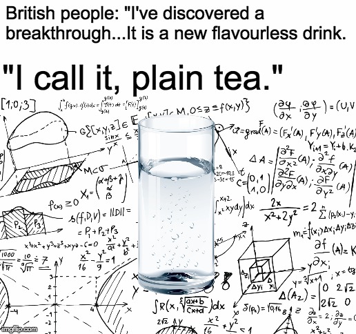 British people: "I've discovered a breakthrough...It is a new flavourless drink. "I call it, plain tea." | image tagged in blank white template | made w/ Imgflip meme maker