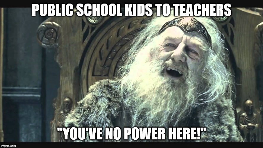 King Theoden | PUBLIC SCHOOL KIDS TO TEACHERS; "YOU'VE NO POWER HERE!" | image tagged in king theoden | made w/ Imgflip meme maker