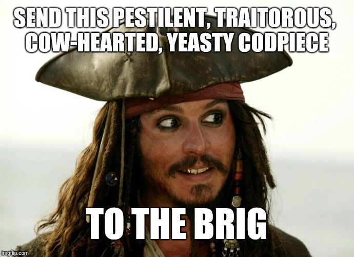 Send him to the brig. | SEND THIS PESTILENT, TRAITOROUS, 
COW-HEARTED, YEASTY CODPIECE; TO THE BRIG | image tagged in jack sparrow,brig,pestilent,traitorous,cowhearted,yeasty codpiece | made w/ Imgflip meme maker