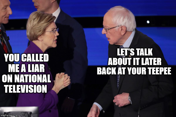 Warren & Sanders | LET'S TALK ABOUT IT LATER BACK AT YOUR TEEPEE; YOU CALLED ME A LIAR ON NATIONAL TELEVISION | image tagged in warren  sanders | made w/ Imgflip meme maker