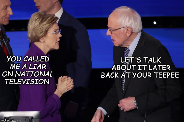 Warren & Sanders | LET'S TALK ABOUT IT LATER BACK AT YOUR TEEPEE; YOU CALLED ME A LIAR ON NATIONAL TELEVISION | image tagged in warren  sanders | made w/ Imgflip meme maker