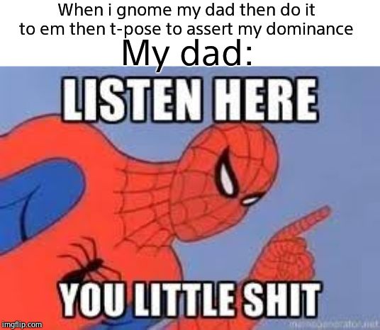 NOW LISTEN HERE YOU LITTLE SHIT | When i gnome my dad then do it to em then t-pose to assert my dominance; My dad: | image tagged in now listen here you little shit | made w/ Imgflip meme maker