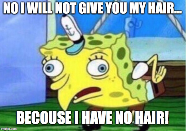 NO I WILL NOT GIVE YOU MY HAIR... BECOUSE I HAVE NO HAIR! | image tagged in memes,mocking spongebob | made w/ Imgflip meme maker