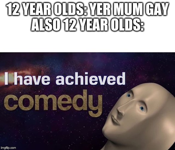 I have achieved COMEDY | 12 YEAR OLDS: YER MUM GAY
ALSO 12 YEAR OLDS: | image tagged in i have achieved comedy | made w/ Imgflip meme maker